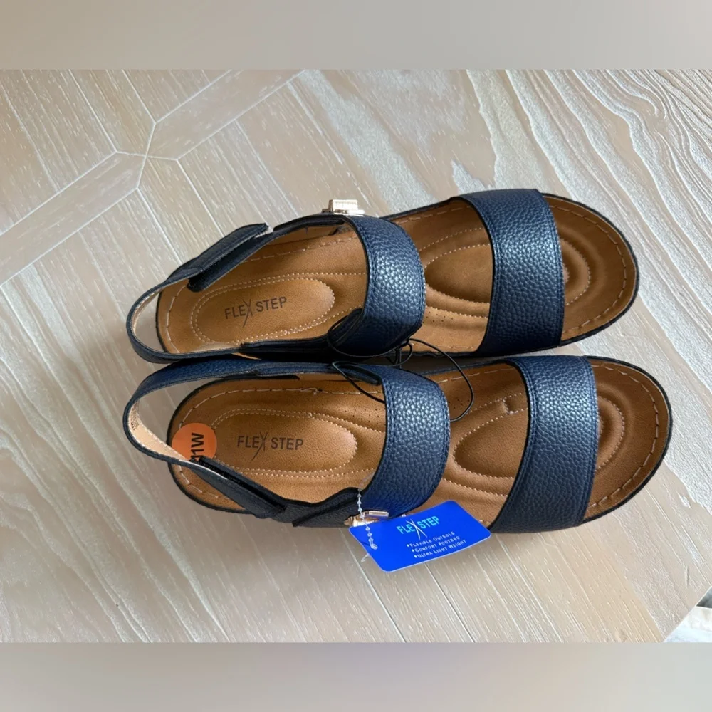 Flex Step|Navy Blue Sandals with Tan Accents,double strap faux leather•••NWT,11 - Picture 3 of 13
